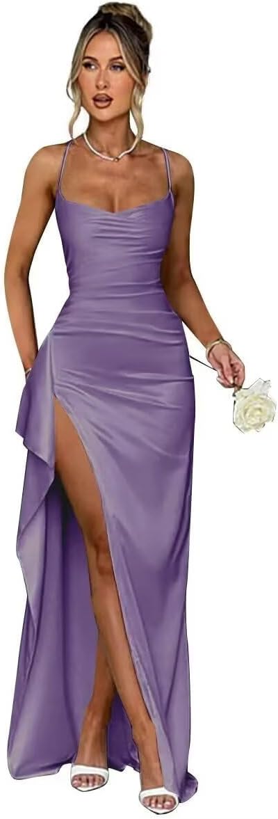 GATMAHE Silk Satin Prom Dresses for Women 2026 Spaghetti Straps Mermaid Formal Cocktail Party Dress with Slit
