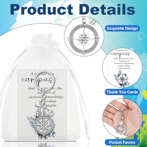 Ferreve 30 Set Christmas Gifts For Teachers Bulk Compass Keychain Teacher Appreciation Keychain With Thank You Cards Organza Bags thumb #2