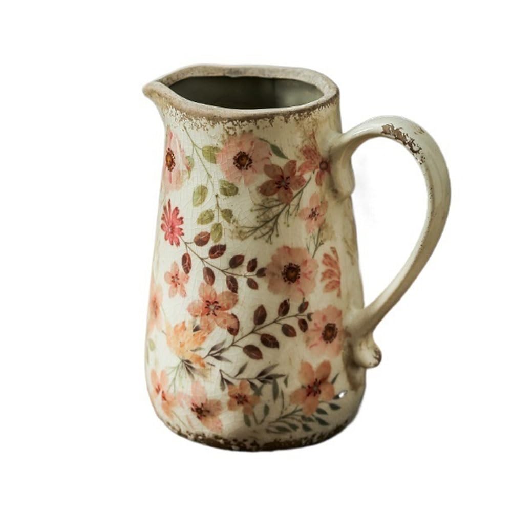 B3f7m4r9j2 Pink Vase Vintage Rustic Ceramic Pitcher Vase Decor Hydroponic Fresh Flowers Dried Artificial(,Small)