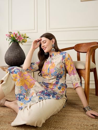 Image of Amazon Brand - Tavasya Women Pure Cotton Floral Print Straight Designer Kurta | Regular Wear | Mandarin-Neck | 3 /4th Sleeves