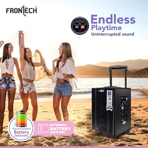 Image of FRONTECH Nocturn Lite Trolley Speaker | 80W Powerful Sound | Wireless Microphones | USB /TF /Bluetooth /FM | Guitar & MIC Input | Rechargeable Battery (SW-0221, Black)