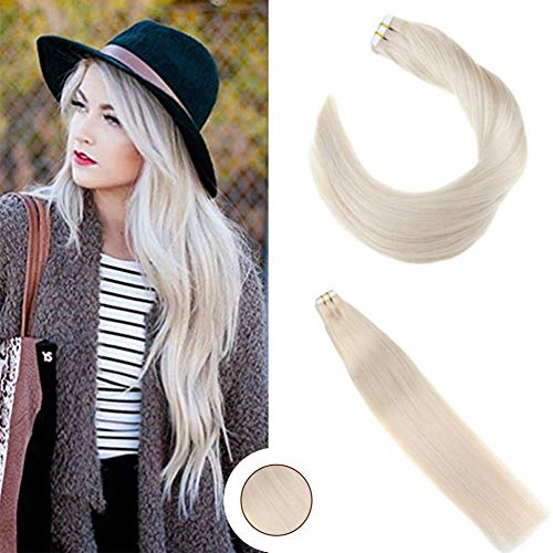 Ugeat Tape in Hair Extensions Platinum Blonde #60 Natural Hair Tape Extensions 20 Inch 100g Real Human Hair Tape in Extensions 40pcs Seamless Tape Hair Extensions