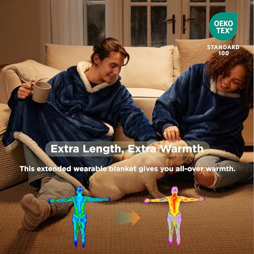 Image of Bedsure Wearable Blanket Hoodie Women - Long Sherpa Fleece Hooded Blanket for Adult Women Men, Warm Cozy Blanket Sweatshirt with Giant Pocket and Belt, Winter Gifts for Girlfriend Mom, Standard, Navy