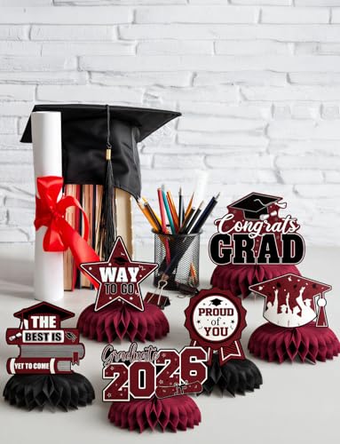 Image of Graduation Table Decorations, Red Black Honeycomb Centerpiece Glitter Graduation Centerpieces for Tables Congrats Grad Table Toppers Congratulate for Class of 2026 Grad Party Supplies, 9Pcs