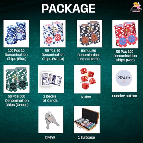 Image of WISHKEY Golden Casino Style Poker Set, 300 Pcs Ceramic Printed Denomination Chips with Lockable Aluminum Finish Case 2 Decks of Cards 5 Dice 1 Dealer Button 2 Keys Classic Multiplayer Game, 14+ Years
