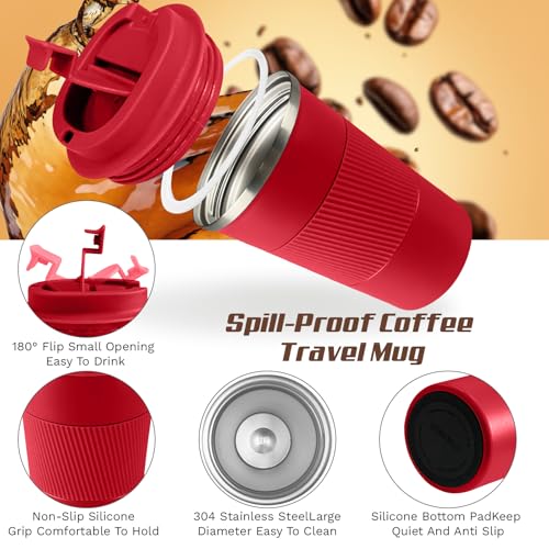 Image of Vacuum Insulated Stainless Steel Travel Coffee Mug,Leak Proof Cup with Lid | 304 stainless steel mug with vacuum insulation, leak proof lid, silicone grip and car cup holder friendly design