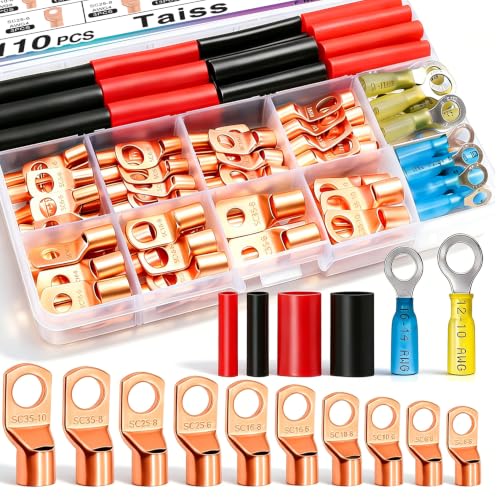 Taiss 110PCS Copper Wire Lugs,battery lugs AWG 2/4/6/8/10/12/14/16 Gauge Copper lugs...