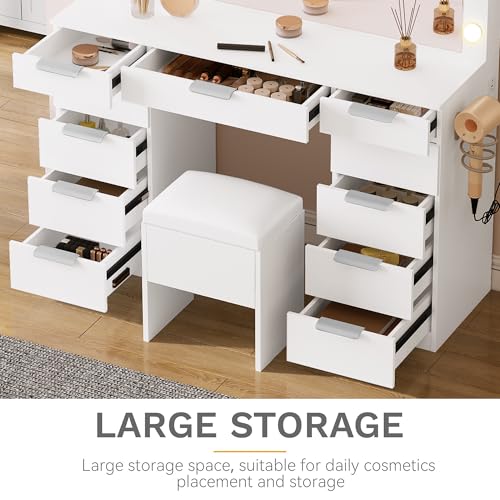 Image of DWVO Makeup Vanity Desk, 46 inch Vanity Desk Set with Mirror and Lights, 11 Storage Drawer, Power Outlet, Chair, Makeup Table Set with Magnifying Glass