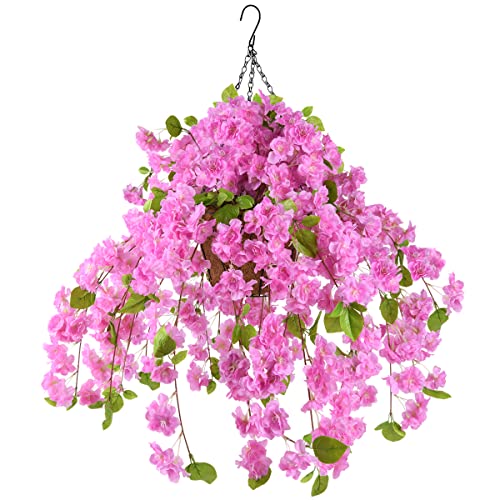 Artificial Flowers Hanging Basket With Peach Blossom Silk Vine Flowers For Outdoor/Indoor, Artificial Hanging Plant In Basket, Ivy Basket Artificial Hanging Plant For Patio Lawn Garden Decor (Purple) #TOP9