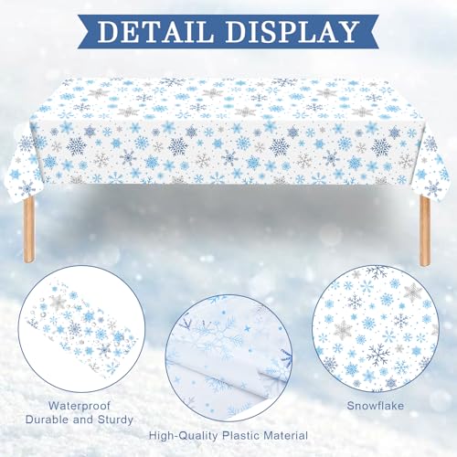 Image of Gistome 3-Piece 54 x 108 Inch Snowflake Plastic Tablecloth - Blue and White Christmas Holiday Disposable Table Cover for Winter Parties, Xmas Dinners, and Indoor Outdoor Decorations