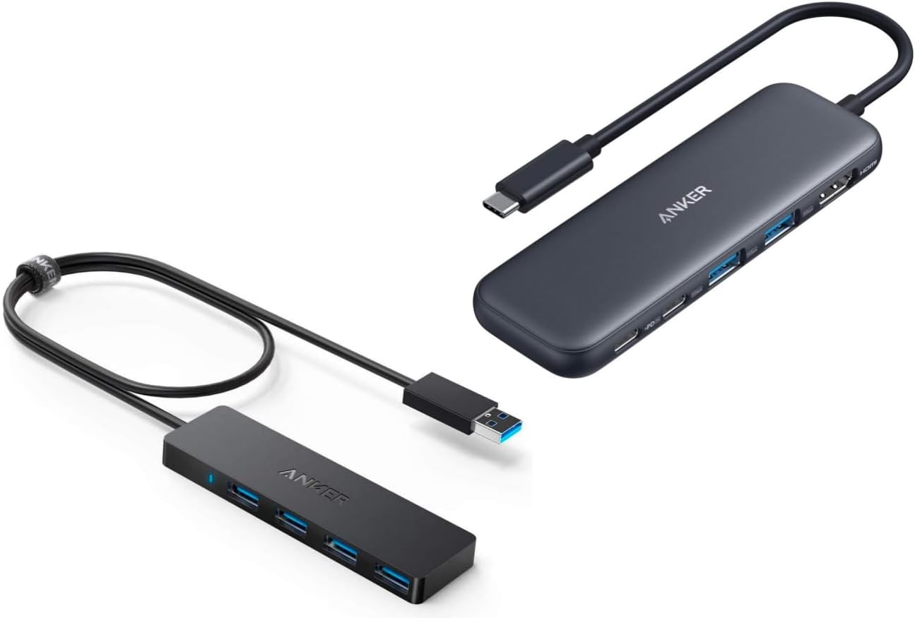 Anker 4-Port USB 3.0 Hub with 5Gbps Data Transfer, Ultra-Slim Data USB Hub [Charging Not Supported] & Anker 332 USB-C Hub (5-in-1) with 4K HDMI Display