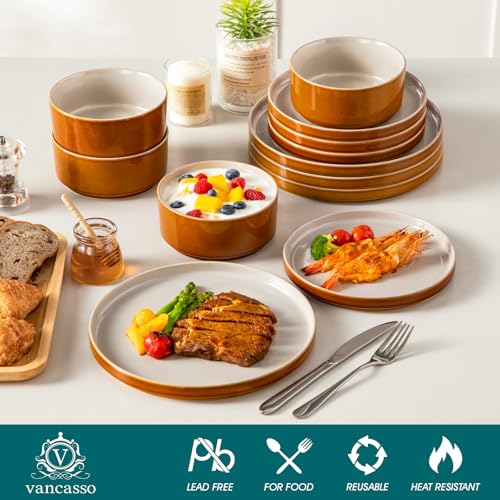 Image of vancasso ONION Ceramic Plates and Bowls Sets, 12 Pieces Grey Dinnerware Sets for Kitchen, Reactive Glaze Dishes Set for 4, Dishwasher and Microwave Safe