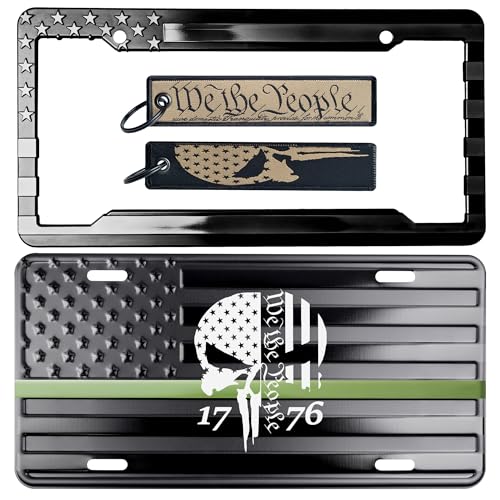 We The People Thin Blue, Red or Green Line American Flag License Plate, Frame and Key Tag Como (Thin Green Line)