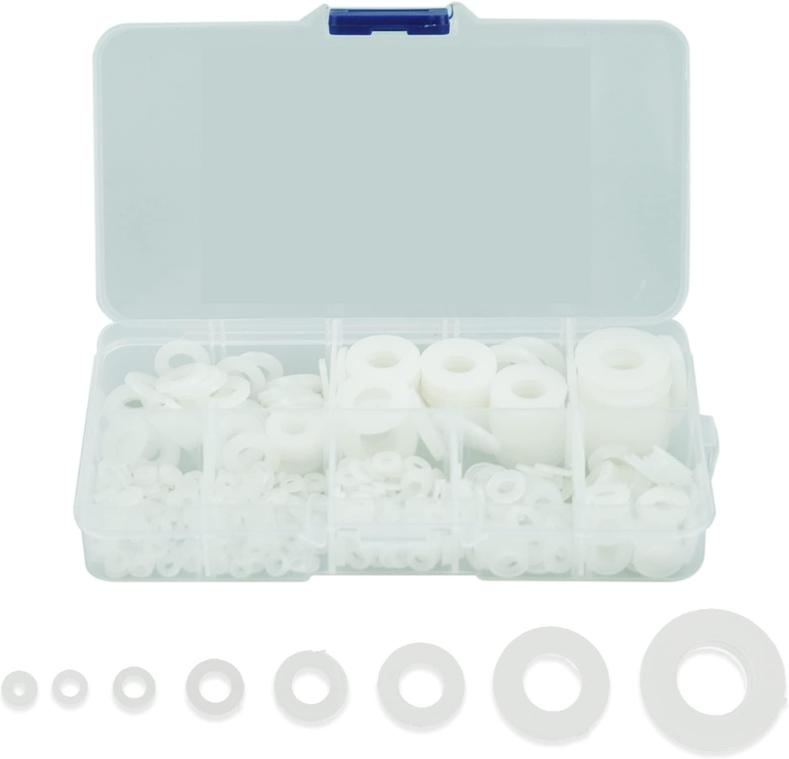 500 Pcs Nylon Washers, Flat Round Plastic Spacers Washers, Assorted Washer Gaskets Seals for Screws Bolts - White, 5-20mm, M2/M2.5/M3/M4/M5/M6/M8/M10
