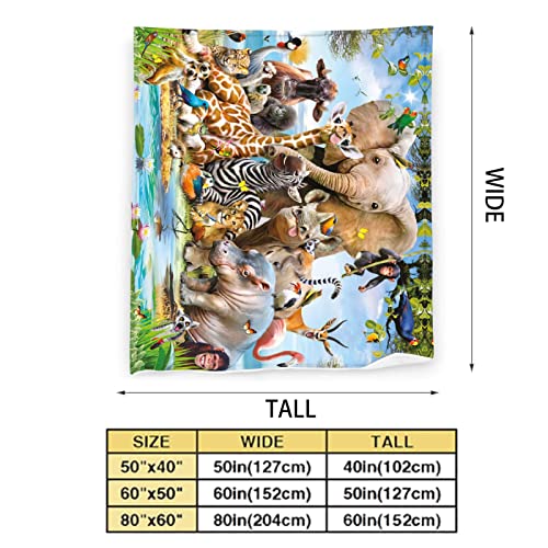 Zoo Animals Flannel Blanket African Safari Animals Elephant Tiger Giraffe Fleece Throw Blanket Super Soft Cozy Plush Fuzzy Blankets For Couch Sofa Bed Gifts For Kids Adults 60"X50" #TOP3