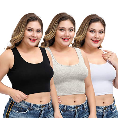HZH Plus Size Short Yoga Dance Athletic Tank Crop Tops Shirts for Women or Teens(3 Pack)(L,Black White Grey)