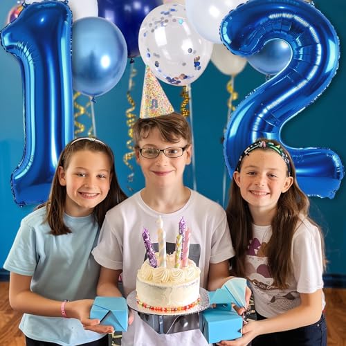 Image of Navy Blue 12th Birthday Giant Self Inflating Number 12 Balloon, Metallic Dark Blue Silver Confetti Foil 40 Inch Helium Balloon for Boys Birthday Party Women Anniversary Decor