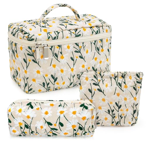 SHEPIN 3er Set Kosmetiktasche Damen Kulturtasche Schminktasche Stickerei Gänseblümchen Waschtasche Reise Kosmetikbeutel Make Up Toiletry Bag Beautycase Kulturbeutel Geschenk für Frauen Mädchen (Beige)