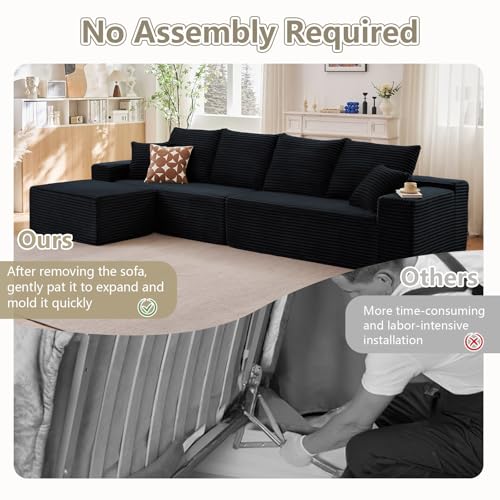 Image of 140 inch L Shaped Cloud Sectional Couch for Living Room, Modular Floor Deep-Seat Sofa, Big Comfy Corduroy Couches Set with Fluffy Memory Foam for Living Room Bedroom, No Assembly Required, Black