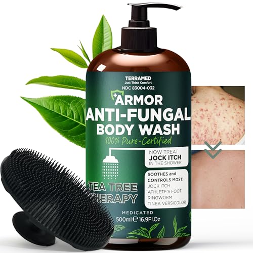 Antifungal Body Wash with Tea Tree Oil | Antifungal Soap for Back Acne,Treats Ringworm, Eczema & Jock Itch | Antifungal Body Soap For Men And Women | Includes Silicon Scrubber (16.9 oz)