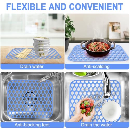 LucyPhy Silicone Sink Mat for Kitchen Sink Good Grips Non-slip Sink Protector Sink Mat Grid for Bottom of Farmhouse Sink(No Hole,Blue,2PCS) - Thumbnail 5