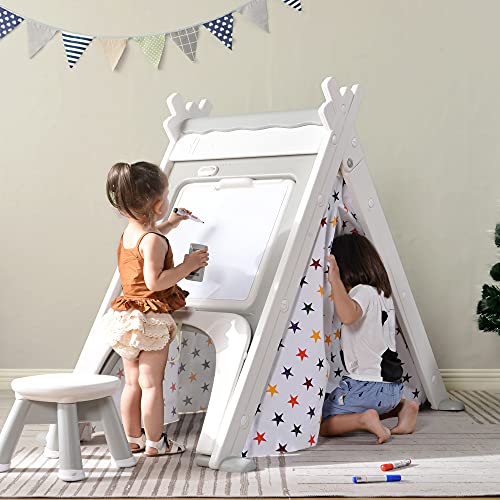 Merax Foldable Triangle Climber, 4-In-1 Kids Hideaway Play Tent With Art Easel, Stool For Toddlers, Climbing Triangle Crawling Tunnel Toy Activity Play Set (White) #TOP1