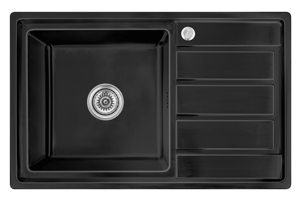 Lavello da incasso, 80 x 50 x 21, in acciaio inox 304, spessore del materiale 0,9 mm, rettangolare, 1 scolapiatti R16 (scolapiatti a destra – nero)