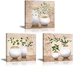 TEKMENT Wall Art 3 Pieces Set Canvas for Bathroom Hallway, Elegant Painting Print of Green Spring Plant in Vases on Beige Tan Picture, Retro Floral Artwork, Gallery Wrapped Gift Inner Frame, 12x12x3