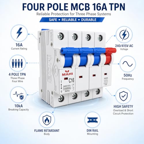 Image of MAHI 16A Four Pole MCB C Curve, Miniature Circuit Breaker with Overload & Short Circuit Protection, 16A Breaking Capacity, Durable Polycarbonate Body for Home & Industrial Use