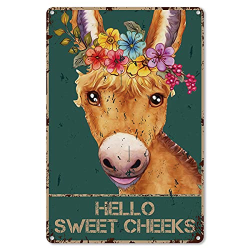 Funny Bathroom Quote Metal Tin Sign Wall Decor - Vintage Hello Sweet Cheeks Donkey with Flowers Tin Sign for Toilet Washroom Decor Gifts - Retro Bathroom Decor Gift Ideas for- 8x12 Inch