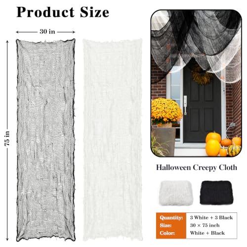 Image of ZeeDix 6 Pack Halloween Creepy Cloth 30 x 75 Inch - Halloween Cheesecloth Decoration Spooky Scary Gauze Cheese Cloth for Party Supplies Outdoor Yard Home Wall Doorway(Black, White)