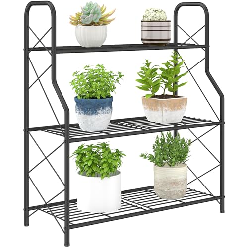 Outsunny Soporte para Plantas de 3 Niveles para Interior y Exterior, Estantería para Plantas de Metal con Patas Ajustables y Asas, Resistente y Estable, para Macetas, Patio, Jardín, Balcón, Negro