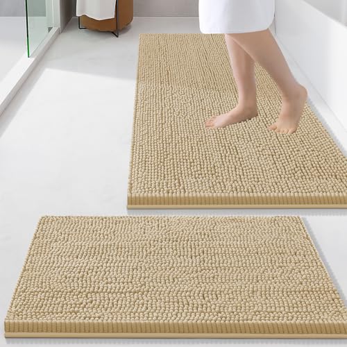 Image of Smiry Bathroom Rugs Sets 2 Piece, Soft Absorbent Chenille Machine Washable Non Slip Shaggy Bath Rug Set for Tub, Shower, and Floor (34x21+24x16, Beige)