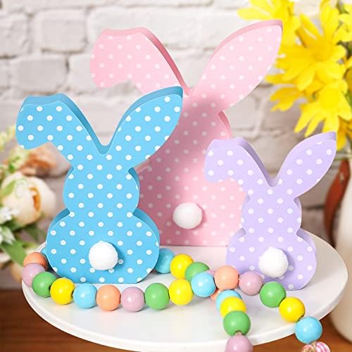 3 Pcs Easter Bunny Table Wooden Signs Decor Spring Farmhouse Wood Bunnies Cute Easter Craft Freestanding Centerpiece Signs for Kids Easter Party Supplies (Macaron Dot)