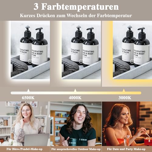 Espejo de baño con iluminación 40 x 60 cm – Espejo de baño LED espejo con iluminación, interruptor táctil, regulable, 3 colores de luz, espejo de pared LED espejo de baño horizontal / vertical - imagen 2