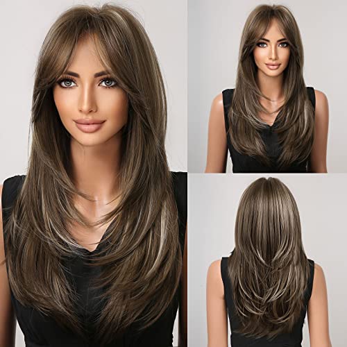 Dorojj Brown Wig For Women Long Brown Wigs Highlight Brown Wigs With Bangs Layered Wigs For Daily Use (Brown With Highlight) #TOP1