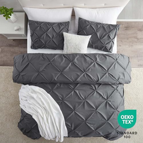 Image of Nestl Dark Grey Duvet Cover Full Size - Soft Double Brushed Duvet Set with Button Closure & Corner Ties, 3 Piece Luxurious Pinch Pleated Duvet Cover Set 80x90 Inches with 2 Pillow Shams