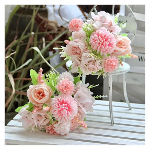 Easyplum Artificial Flowers, 2 Pack Fake Peony Silk Pink Hydrangea Bouquet Decor Plastic Carnations Daisy Realistic Flower Arrangements Wedding Decoration Table Centerpieces, for Home Party Decor
