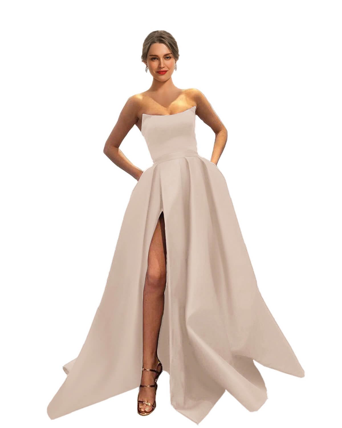 MllesReve Womens Long Strapless Satin Prom Dress Sleeveless Slit Evening Ball Gown with Pockets
