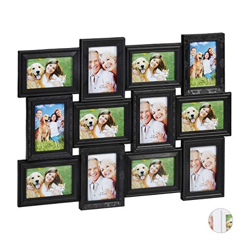 Relaxdays Marco Collage para 12 Fotos, Formato Horizontal o Vertical, Pared, Plástico, 54 x 70 cm, Negro