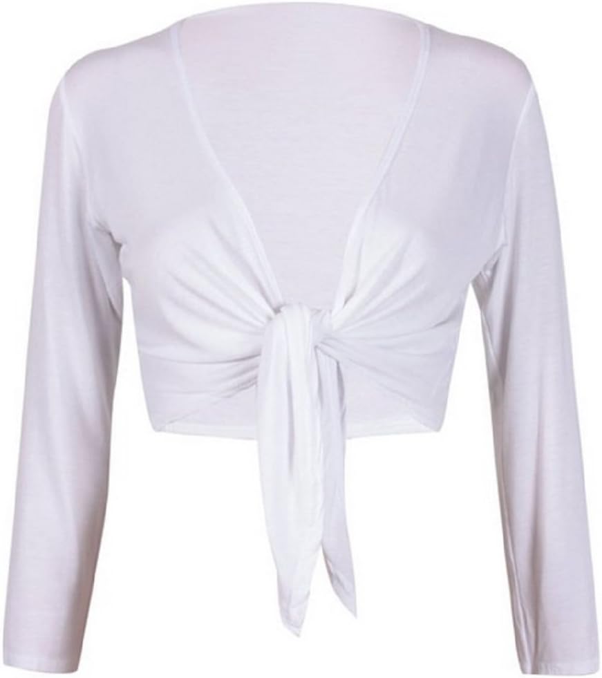 Miss High Street Women Plain Long Sleeves Front Tie Knot Shrug Stretchy Cardigan Top