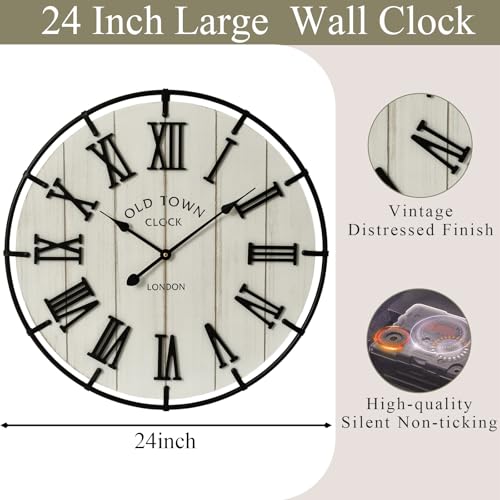 Image of EMAX HOMELarge 24 Inch Farmhouse Style Wall Clock, Distressed Wood Look, Non-Ticking Quartz Movement, Classic Black Roman Numerals and Metal Frame, for Living Room Wall, Bedroom