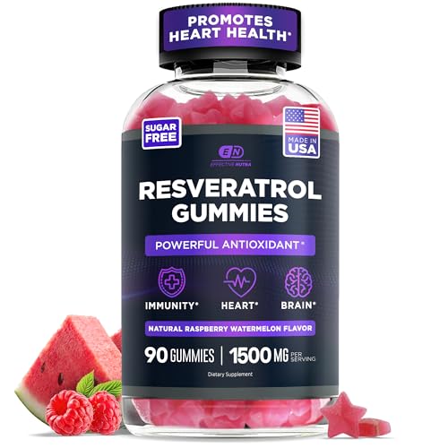 Effective Nutra Resveratrol Gummies 1500mg Sugar Free Antioxidant Supplement for Heart Health Immunity & Brain Support Vegan Non-GMO 3rd Party Tested Raspberry Watermelon 90 Count