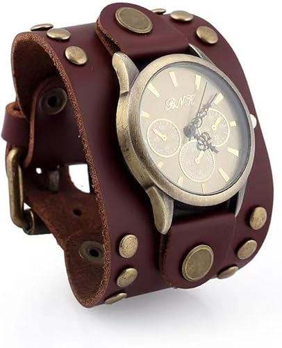 MINILUJIA Reloj de cuarzo casual de cuero ancho para hombre, esfera grande, correa de correa suave de cuero genuino con remache vintage retro punk