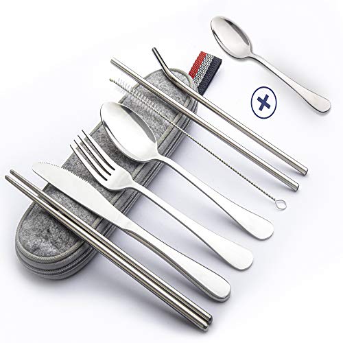 EvaCrocK Travel Utensils | Stainless Steel Flatware set, 9-Piece Portable Utensils including Knife
