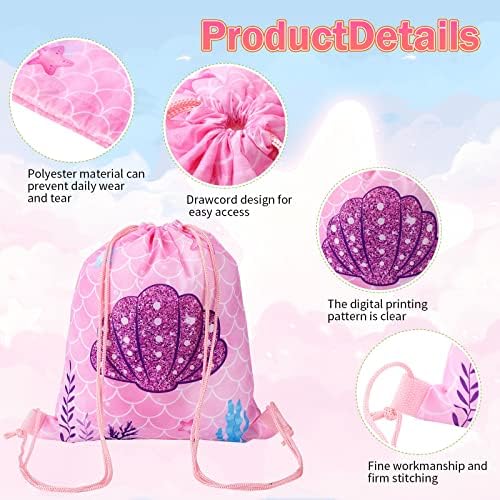 16 Pcs Mermaid Party Favor Bags Mermaid Drawstring Bag Candy Gifts Sacks Backpack Bulk Birthday Fish Goodie Bags Under the Sea Ocean Theme Treat Bags for School Travel Outdoor Bags 10 x 12 Inch