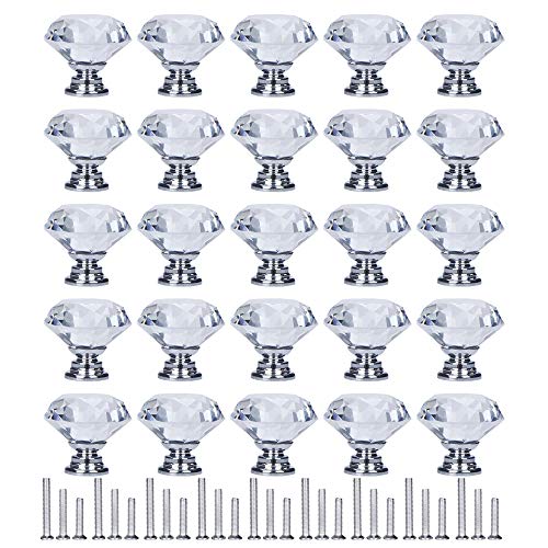 YourGift 25 Pack Drawer Knobs Diamond Shaped Crystal Glass 30mm Cabinet Knobs Pull Handles (30 mm, 25 Pack, Silver)
