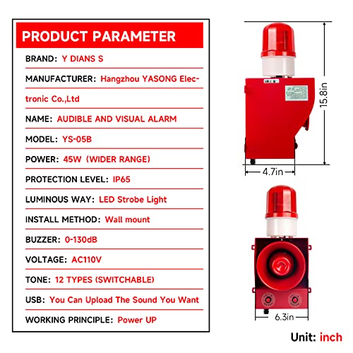 Yasong Sla-05B Model Industrial Alarm Siren, 0-130Db 12 Horn Tones Switchable, Ac110V-120V 45W High Power For Noisy Environment Emergency Alarm Range Of 100-150 Meters - Fire Tornado Alarm #TOP5