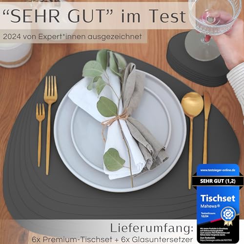 Mahewa® 6er Set Premium Tischset aus Kunstleder - Platzset abwaschbar und wasserdicht - Platzdeckchen Telleruntersetzer in Lederoptik (Dunkelgrau, Oval)