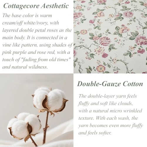 Image of FADFAY 100% Cotton Double Gauze Sheets Set Queen Size, 4 Piece Breathable Muslin Bedding with Deep Pocket Fitted Sheet, Vintage French Country Floral Print, Soft Pre-Washed Bed Sheets (Queen, Rose)